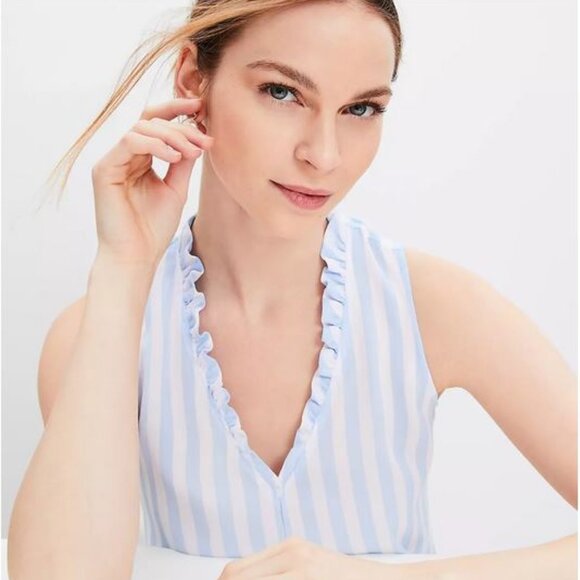 NEW - Striped Ruffle V-neck Mixed Media Shell - Picture 3 of 3